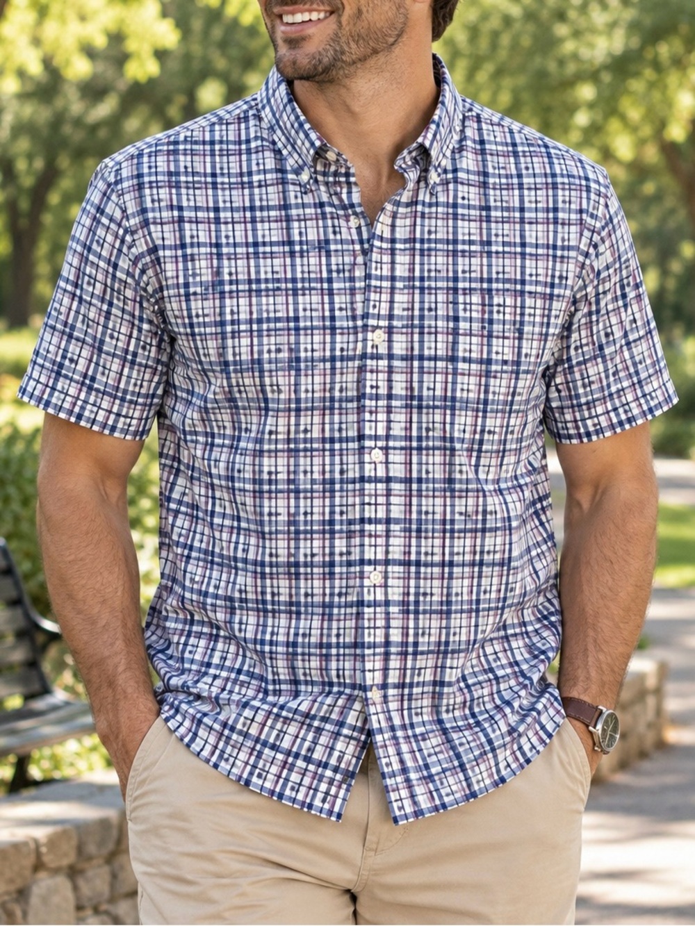Croft & Barrow Men’s Large Plaid Short Sleeve Button Down Shirt Blue Pink